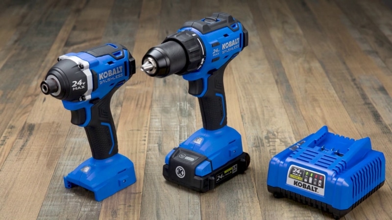 Kobalt 2-Tool 24-Volt Max Lithium Ion Brushless Cordless Combo Kit on the wooden table